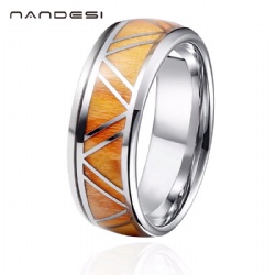 8MM Men Fashion Ring Stainless Steel Wood Inlaid Rings Wedding Band Anniversary Birthday Gift Jewelry