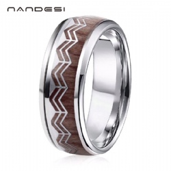 Men's Ring 8mm Silver Color Stainless Steel Wedding Ring Inlay Koa Wood Rings for Men Wedding Band Jewelry