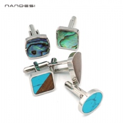 316L Stainless Steel Cuff-links With Abalone Shell Turquoise Wood Inlay Bracelet For Men Boy