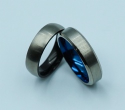 Brushed Tungsten Carbide Ring Blue Domed with Beveled Silver Edges Ring