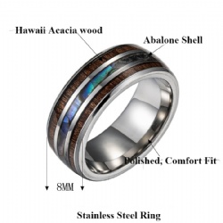 Jewelry 8mm Dome Stainless Steel Ring Dainty Ring with Grooves Inlay Abalone Shell and Wood Ring