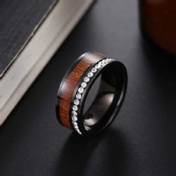 NANDESI Couple Ring Jewelry 8mm Stainless Steel Wood & CZ Stone Inlaid Men Ring Women's Zircon Engagement Ring Wedding Band