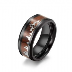 Black Tungsten Hunting Ring Wedding Band Wood Inlay Deer Stag Silhouette Ring