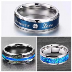 NANDESI Fashion 8mm Stainless Steel Wedding Men Stainless Steel Rings Inlay Abalone Shell Blue Opal Rings Men Wedding Band Jewelry