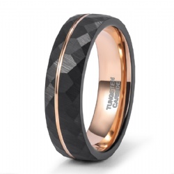 Couple's Black Tungsten Rings 6mm/8mm Hammered Facet Brushed with Rose Gold Stripe Wedding Bands Engagement Ring For Men & Women