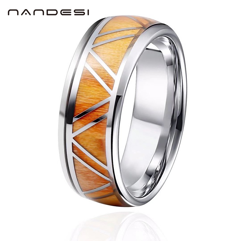 8MM Men Fashion Ring Stainless Steel Wood Inlaid Rings Wedding Band Anniversary Birthday Gift Jewelry