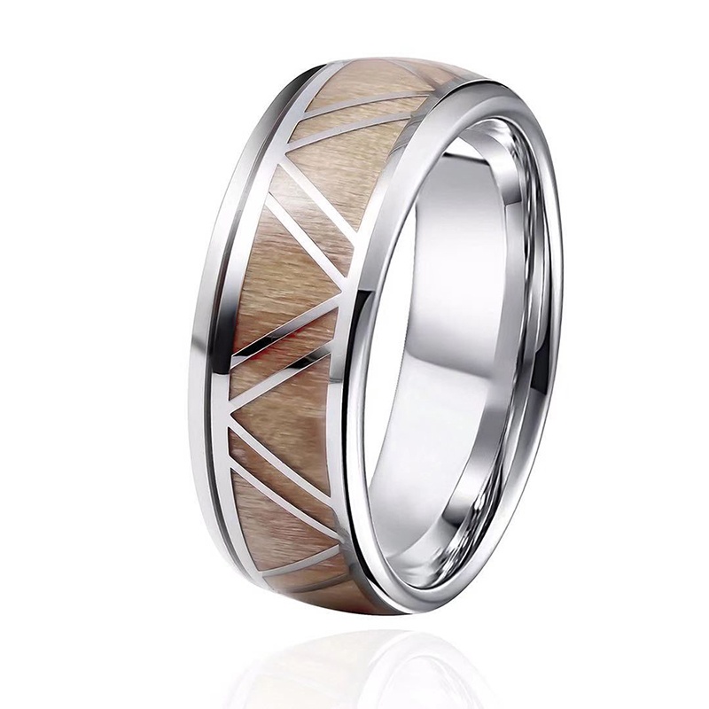 8MM Men Fashion Ring Stainless Steel Wood Inlaid Rings Wedding Band Anniversary Birthday Gift Jewelry