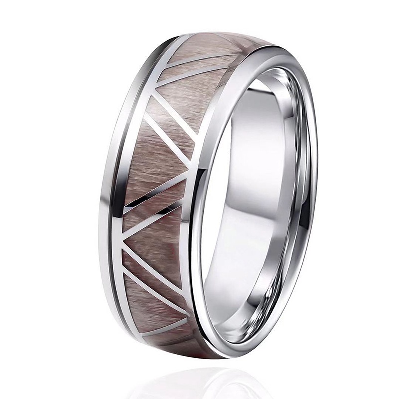 8MM Men Fashion Ring Stainless Steel Wood Inlaid Rings Wedding Band Anniversary Birthday Gift Jewelry