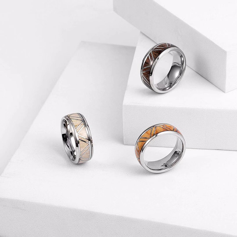 8MM Men Fashion Ring Stainless Steel Wood Inlaid Rings Wedding Band Anniversary Birthday Gift Jewelry
