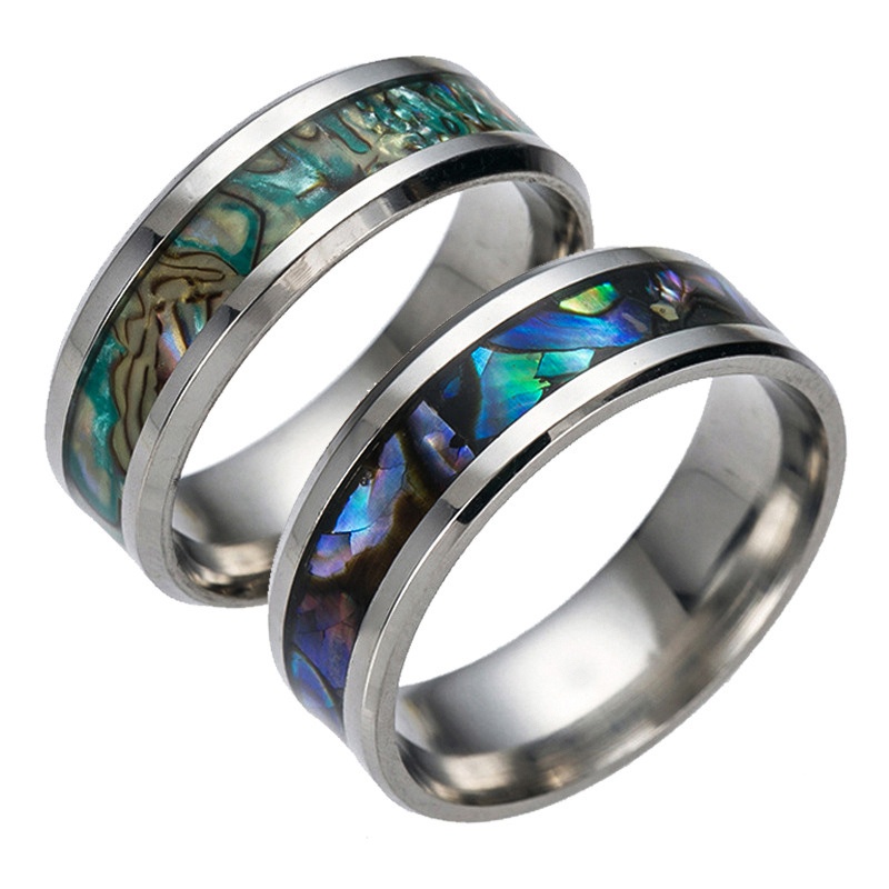 Stainless Steel Dainty Ring with Abalone Shell and Pearl Inlay Ring