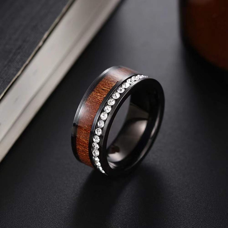 NANDESI Couple Ring Jewelry 8mm Stainless Steel Wood & CZ Stone Inlaid Men Ring Women's Zircon Engagement Ring Wedding Band