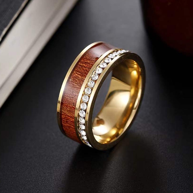 NANDESI Couple Ring Jewelry 8mm Stainless Steel Wood & CZ Stone Inlaid Men Ring Women's Zircon Engagement Ring Wedding Band