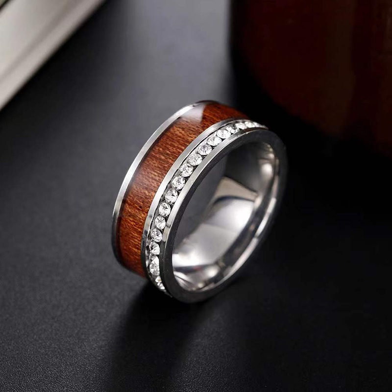 NANDESI Couple Ring Jewelry 8mm Stainless Steel Wood & CZ Stone Inlaid Men Ring Women's Zircon Engagement Ring Wedding Band