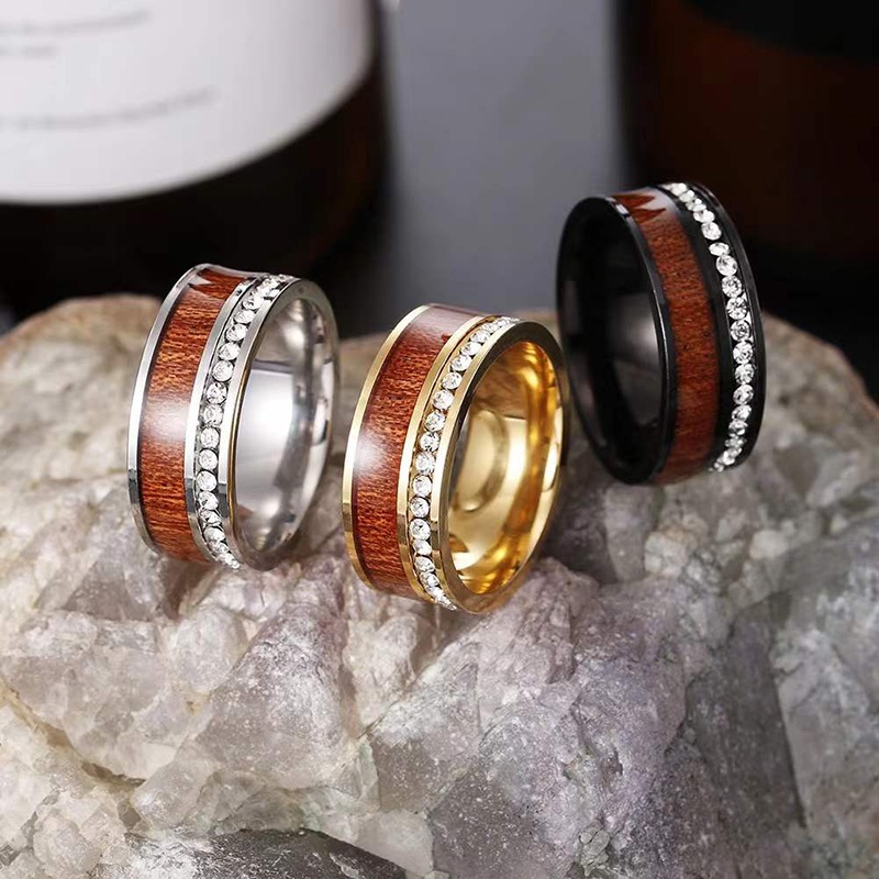 NANDESI Couple Ring Jewelry 8mm Stainless Steel Wood & CZ Stone Inlaid Men Ring Women's Zircon Engagement Ring Wedding Band