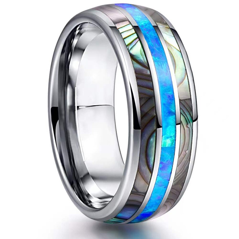 NANDESI Fashion 8mm Stainless Steel Wedding Men Stainless Steel Rings Inlay Abalone Shell Blue Opal Rings Men Wedding Band Jewelry