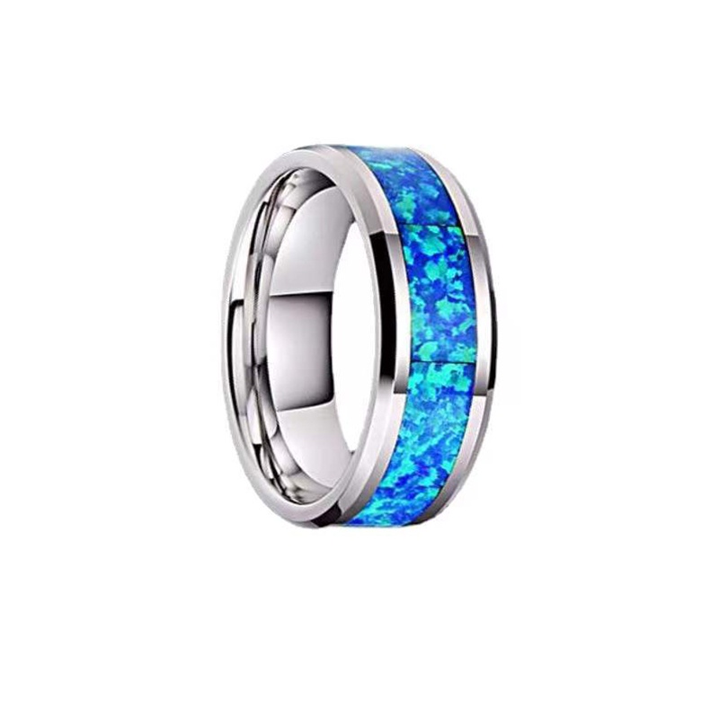 NANDESI Fashion 8mm Stainless Steel Wedding Men Stainless Steel Rings Inlay Abalone Shell Blue Opal Rings Men Wedding Band Jewelry