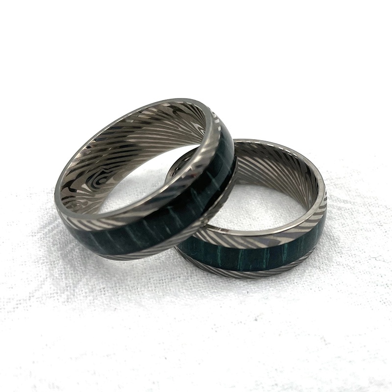 8mm Domed Real Damascus Steel Men's Wedding Rings IP Black Plated Classic Promise Engagement Anniversary Bands For Men Women
