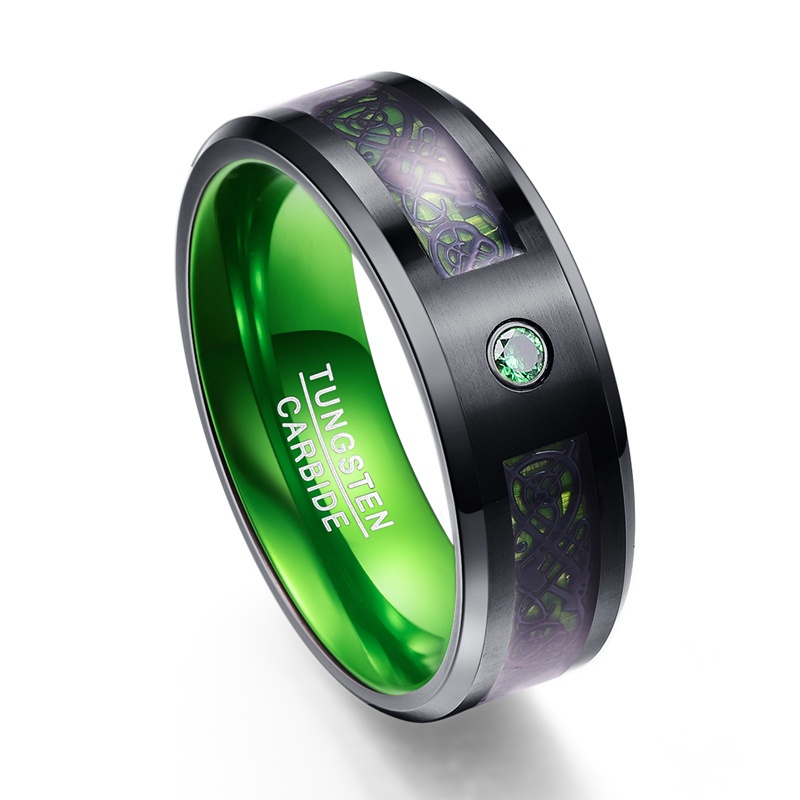 8mm Tungsten Wedding Rings for Men Women Celtic Dragon Green Carbon Fiber Promise Engagement Bands With Cubic Zirconia Inlay
