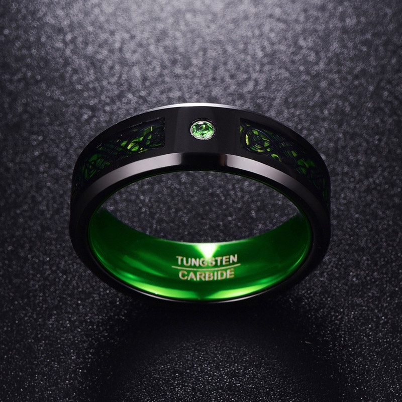 8mm Tungsten Wedding Rings for Men Women Celtic Dragon Green Carbon Fiber Promise Engagement Bands With Cubic Zirconia Inlay