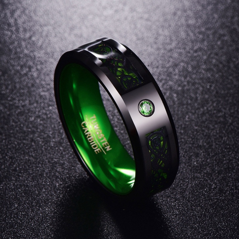 8mm Tungsten Wedding Rings for Men Women Celtic Dragon Green Carbon Fiber Promise Engagement Bands With Cubic Zirconia Inlay