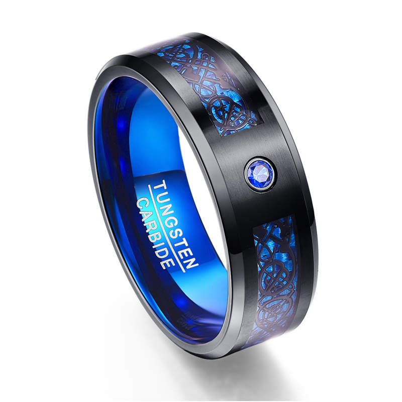 Tungsten Carbide Ring for Men Women Black Celtic Dragon Blue Carbon Fiber and Cubic Zirconia Inlay Mens Wedding Band