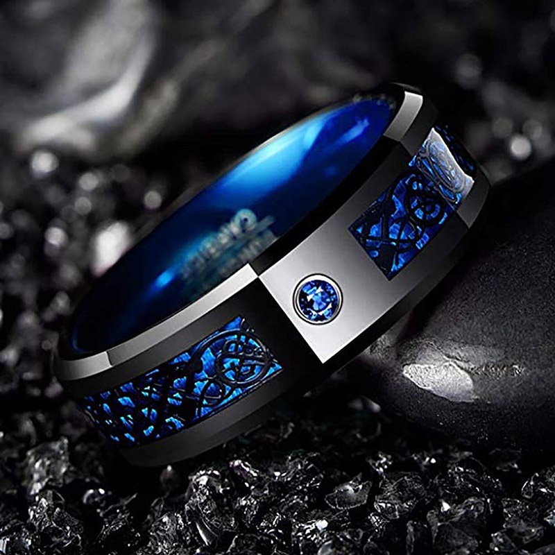 Tungsten Carbide Ring for Men Women Black Celtic Dragon Blue Carbon Fiber and Cubic Zirconia Inlay Mens Wedding Band