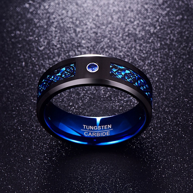 Tungsten Carbide Ring for Men Women Black Celtic Dragon Blue Carbon Fiber and Cubic Zirconia Inlay Mens Wedding Band