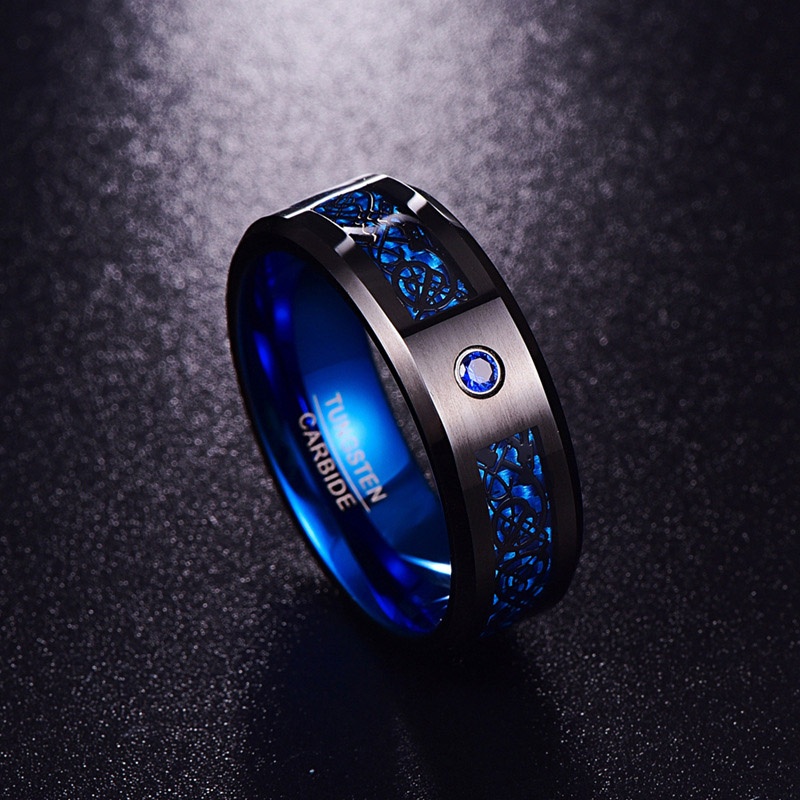 Tungsten Carbide Ring for Men Women Black Celtic Dragon Blue Carbon Fiber and Cubic Zirconia Inlay Mens Wedding Band