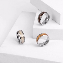 8MM Men Fashion Ring Stainless Steel Wood Inlaid Rings Wedding Band Anniversary Birthday Gift Jewelry