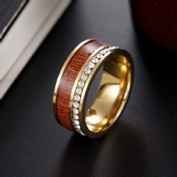 NANDESI Couple Ring Jewelry 8mm Stainless Steel Wood & CZ Stone Inlaid Men Ring Women's Zircon Engagement Ring Wedding Band