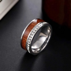 NANDESI Couple Ring Jewelry 8mm Stainless Steel Wood & CZ Stone Inlaid Men Ring Women's Zircon Engagement Ring Wedding Band