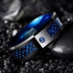 Tungsten Carbide Ring for Men Women Black Celtic Dragon Blue Carbon Fiber and Cubic Zirconia Inlay Mens Wedding Band