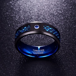 Tungsten Carbide Ring for Men Women Black Celtic Dragon Blue Carbon Fiber and Cubic Zirconia Inlay Mens Wedding Band