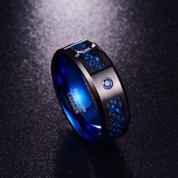 Tungsten Carbide Ring for Men Women Black Celtic Dragon Blue Carbon Fiber and Cubic Zirconia Inlay Mens Wedding Band